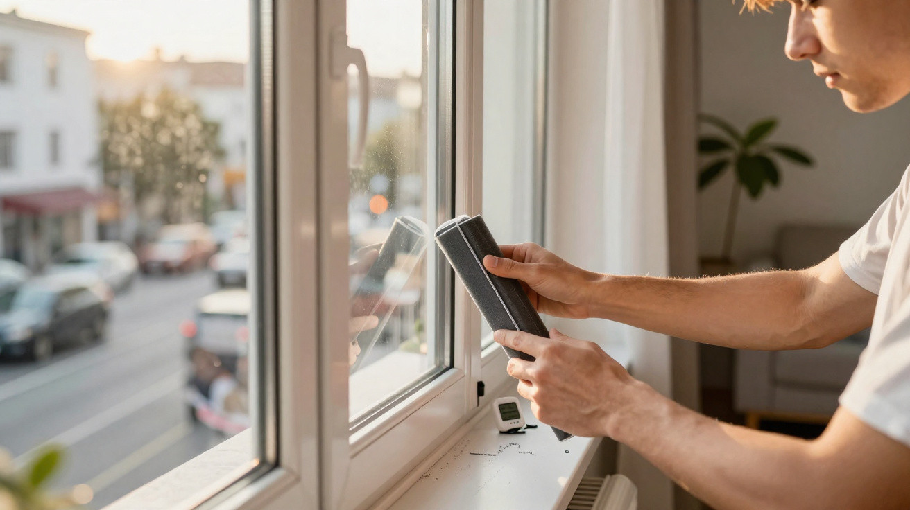 Junger Mann montiert Fensterdichtung an einem Fenster mit Blick auf belebte Straße draußen.