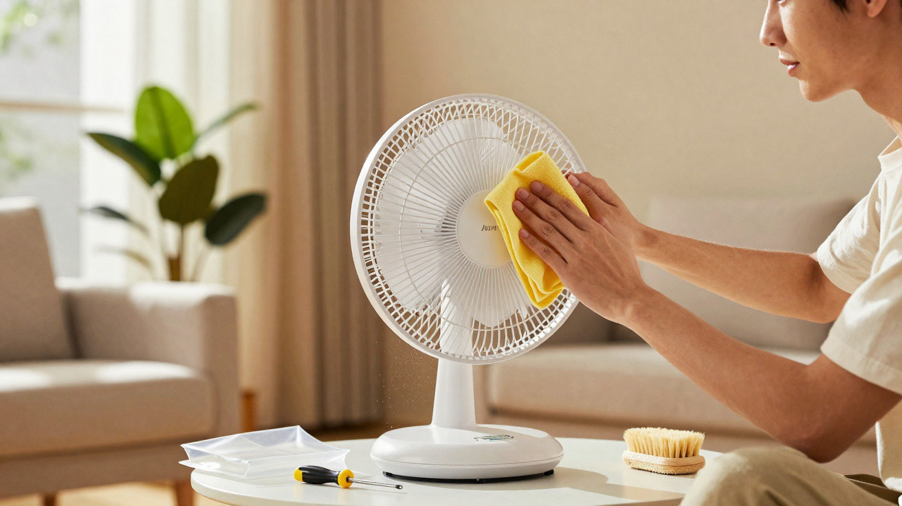 Eine Person reinigt einen Ventilator mit einem gelben Tuch in einem gemütlichen Wohnzimmer.