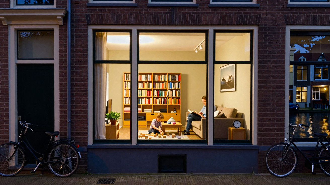 Blick durch ein großes Fenster auf ein Wohnzimmer mit Bücherregal, einem spielenden Kind und einer sitzenden Person.