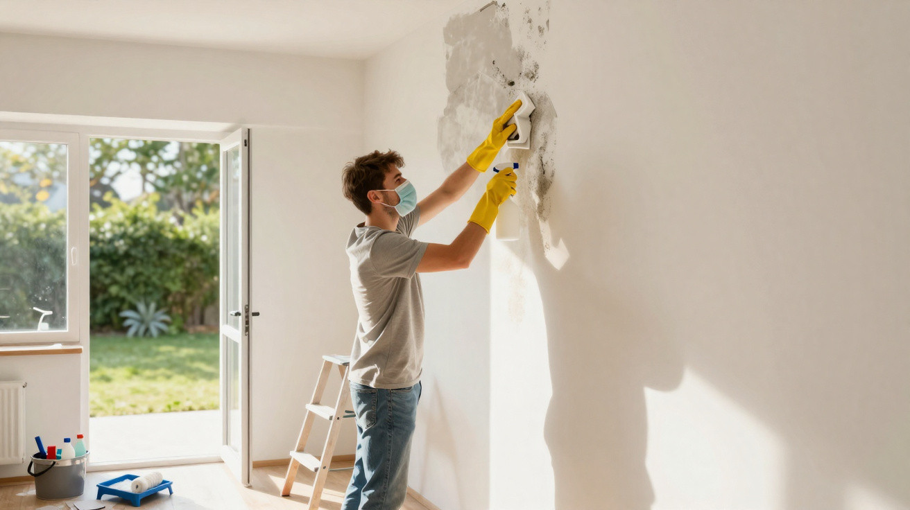 Mann mit Mundschutz und Handschuhen schleift eine Wand im hellen Raum mit offener Tür nach draußen.