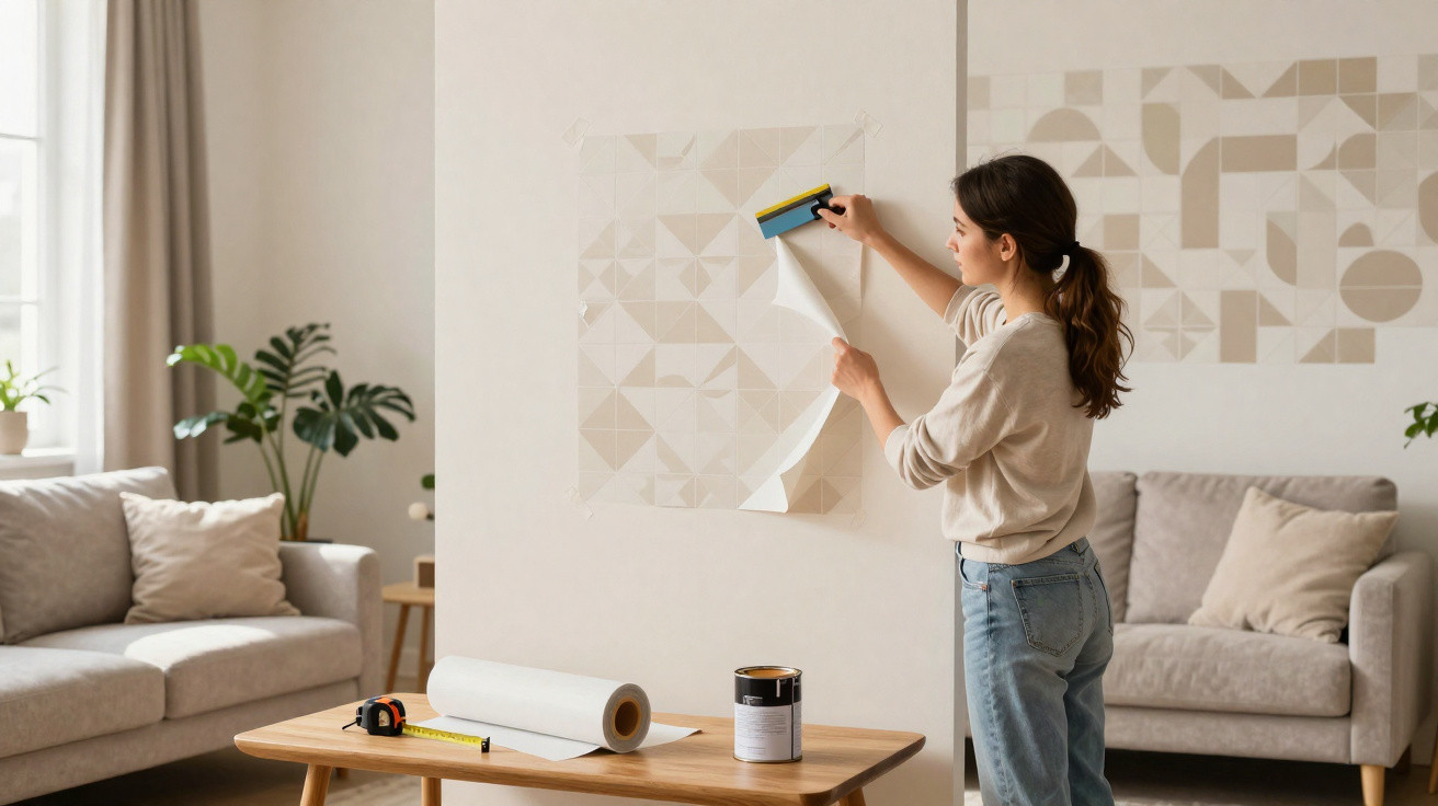 Frau bringt selbstklebende Tapete mit geometrischem Muster auf weißer Wand in gemütlichem Wohnzimmer an.