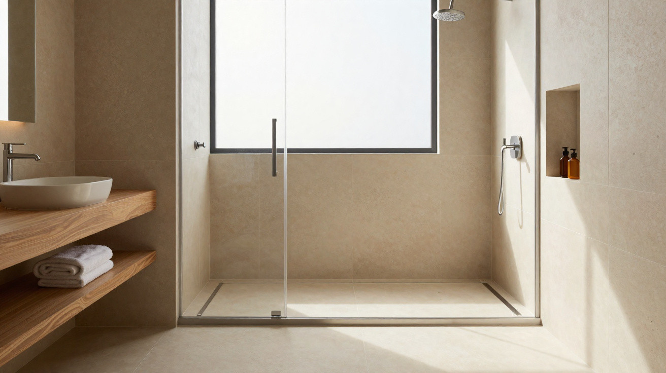 Helles, modernes Badezimmer mit bodengleicher Glasdusche, Holzregal und großem Fenster.