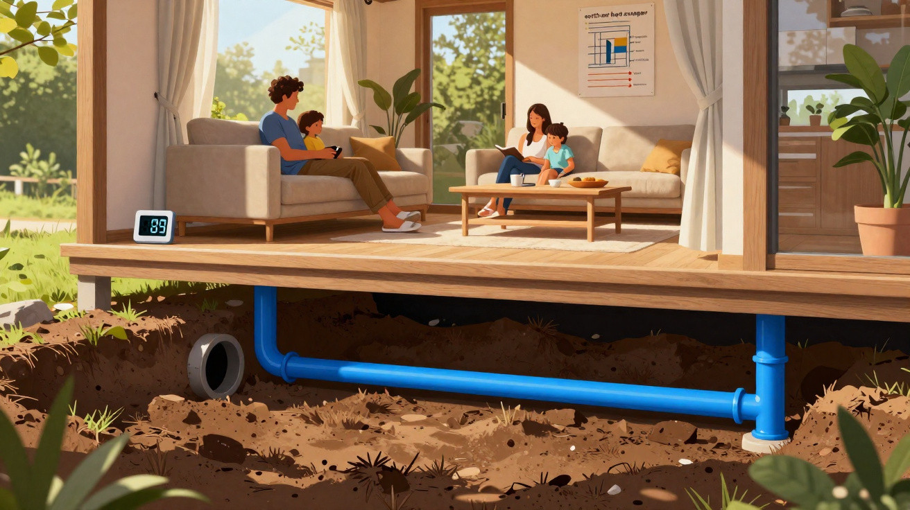 Familie sitzt im Wohnzimmer über einem entwässerten Boden mit sichtbaren blauen Rohren im Erdreich.