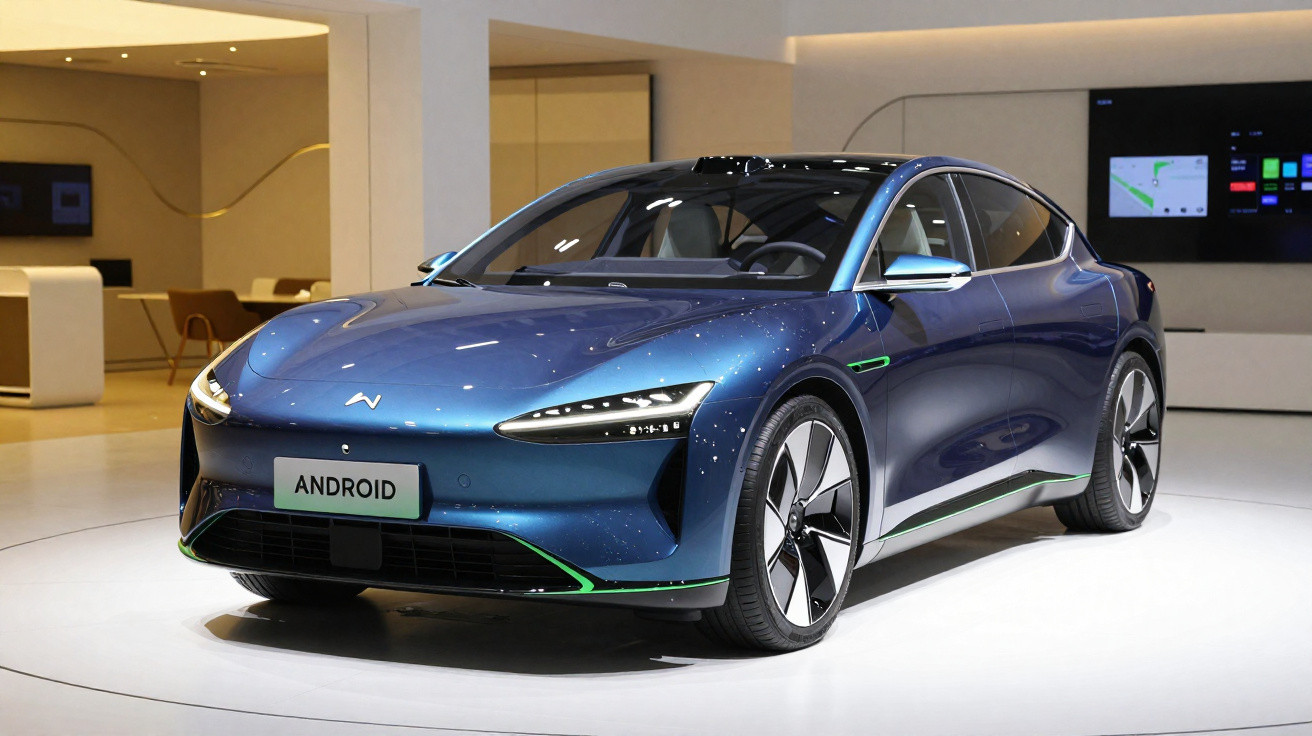 Blauer Sportwagen mit futuristischem Design auf hellem Ausstellungsboden, Kennzeichen "ANDROID".