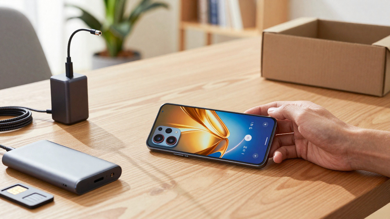 Hand legt Smartphone mit hellem Bildschirm auf einen Holztisch neben Ladegerät und Adapter.