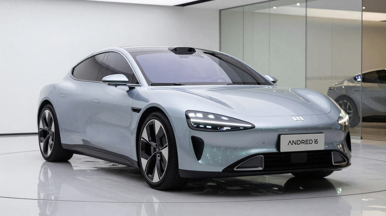 Sportliches silbernes Elektroauto mit futuristischem Design in einer modernen Ausstellungshalle.