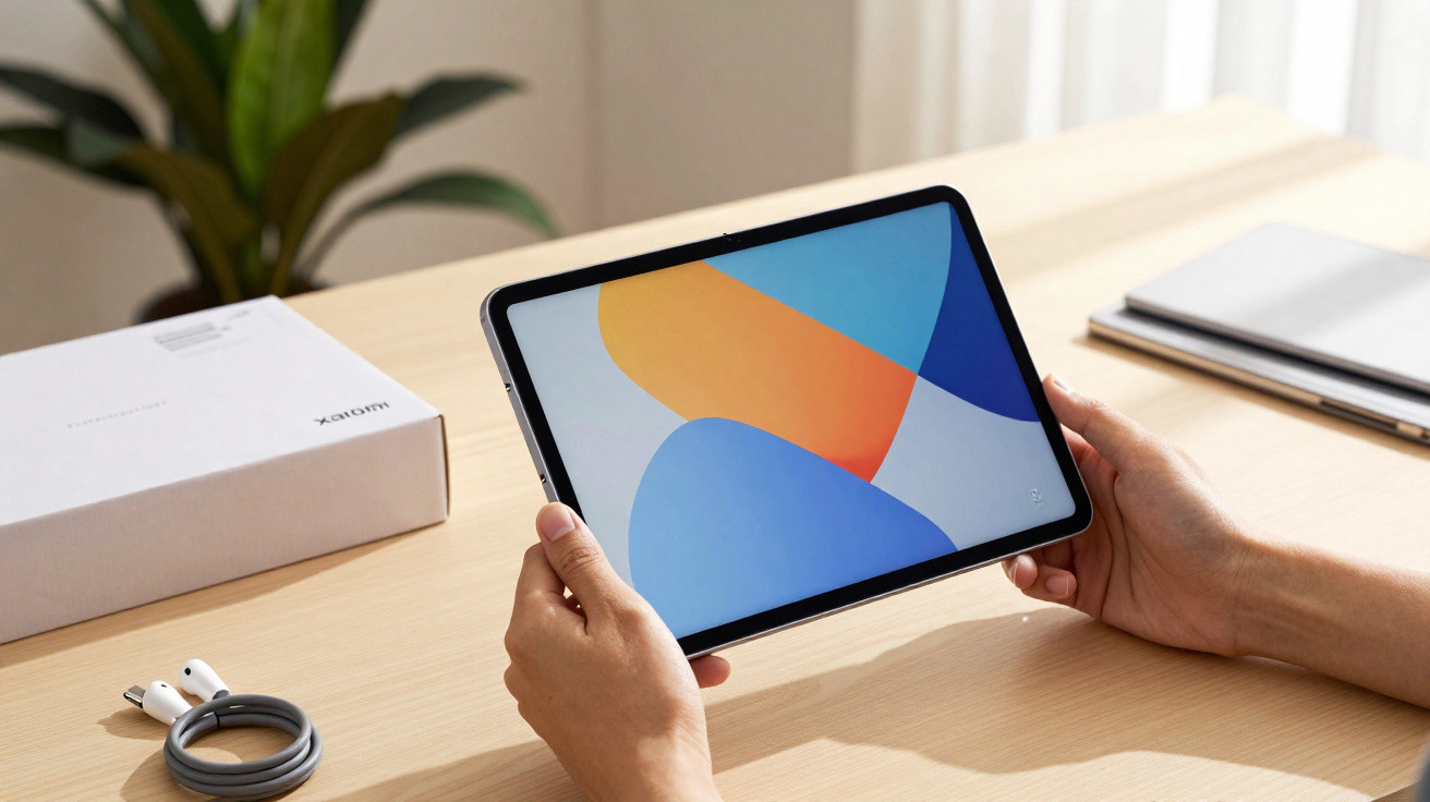Person hält ein Tablet mit buntem Bildschirm, daneben liegen Kopfhörer und eine geschlossene Schachtel auf dem Tisch.