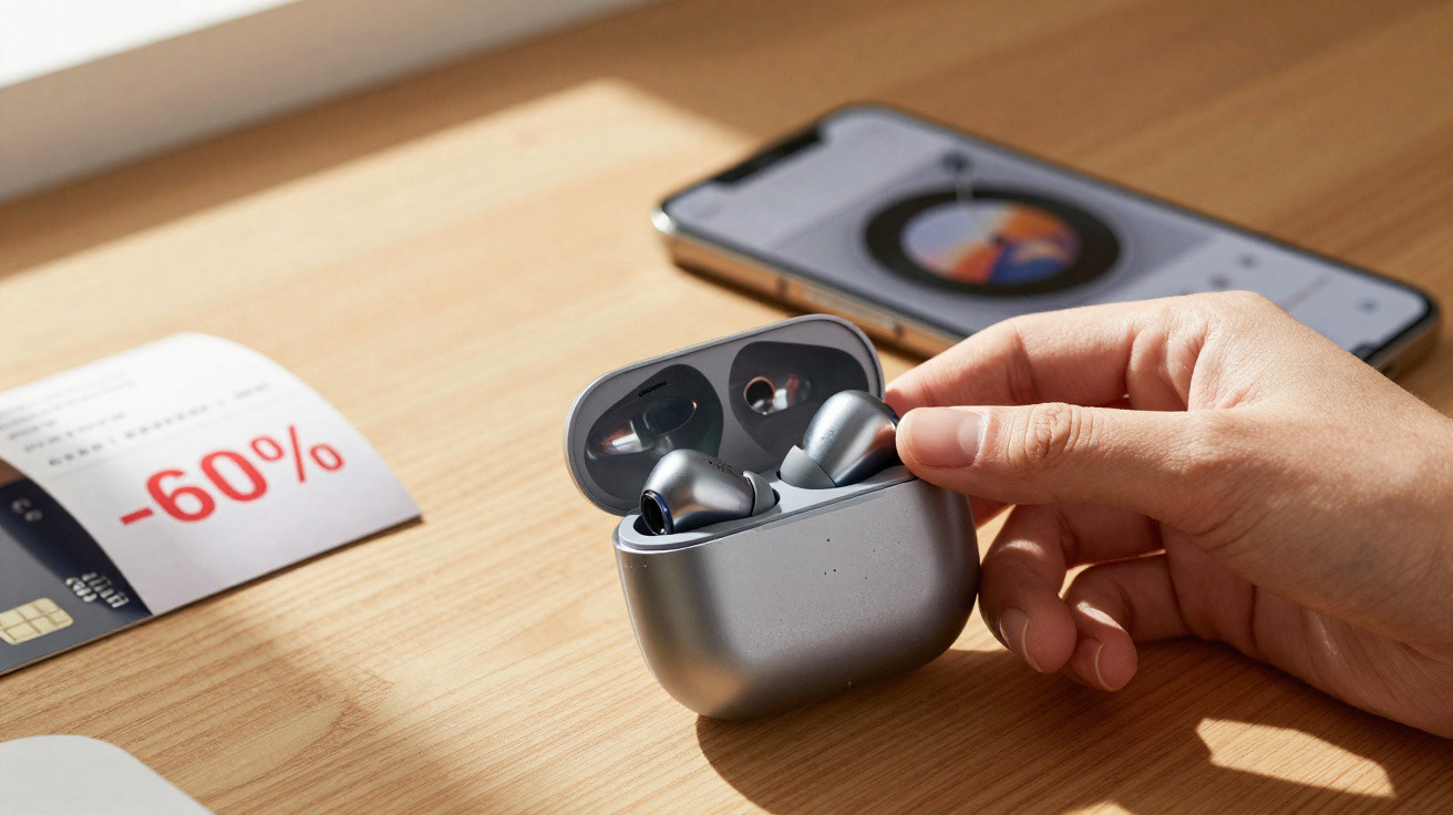 Hand hält silberne kabellose In-Ear-Kopfhörer in Ladebox auf Holztisch neben Smartphone und Rabattkarte -60%.