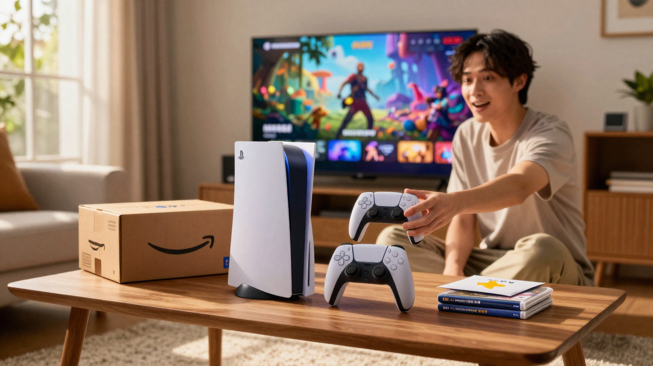 Junger Mann spielt mit PlayStation 5 und Controllern vor Fernseher mit Videospiel im Wohnzimmer.