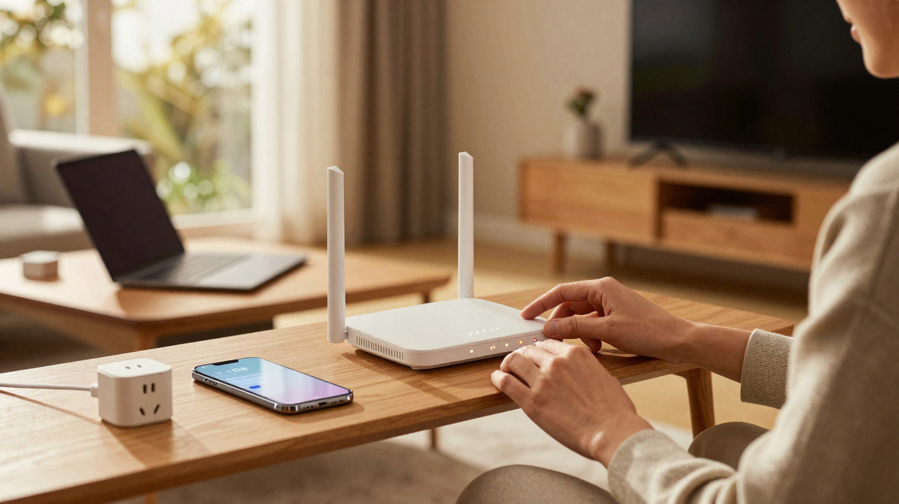 Person richtet WLAN-Router auf Holztisch mit Smartphone, Laptop und Steckdose im Wohnzimmer ein.