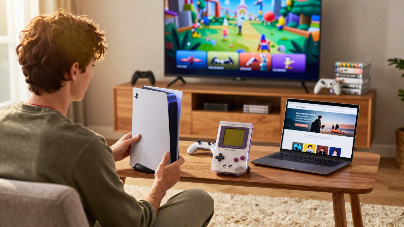 Mann hält PlayStation 5 vor Fernseher, auf Tisch Game Boy, Laptop und Gaming-Controller.