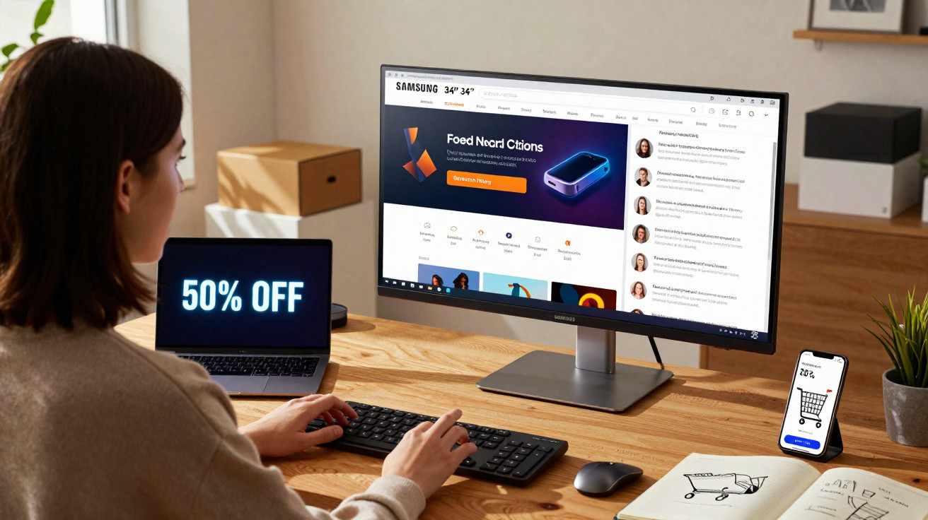 Frau arbeitet an Schreibtisch mit PC-Monitor, Laptop mit 50% Rabattanzeige und Handy mit Einkaufswagen-App.