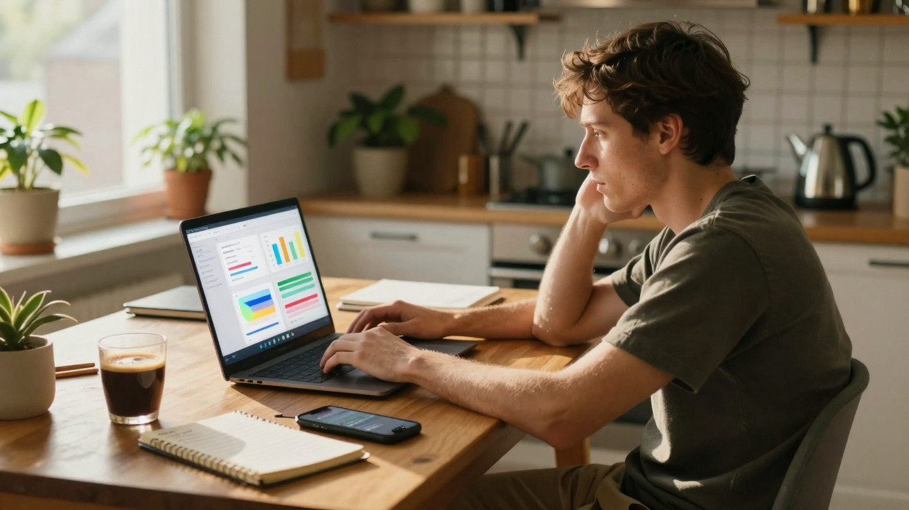 Junger Mann arbeitet konzentriert an Laptop mit Daten und Diagrammen in moderner Küche.