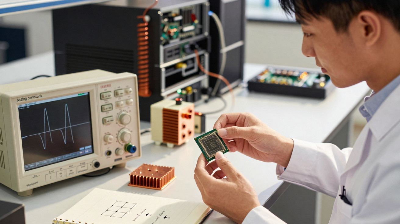 Ingenieur im Labor untersucht Mikrochip vor Oszilloskop mit Schaltkreis-Diagramm auf Tisch