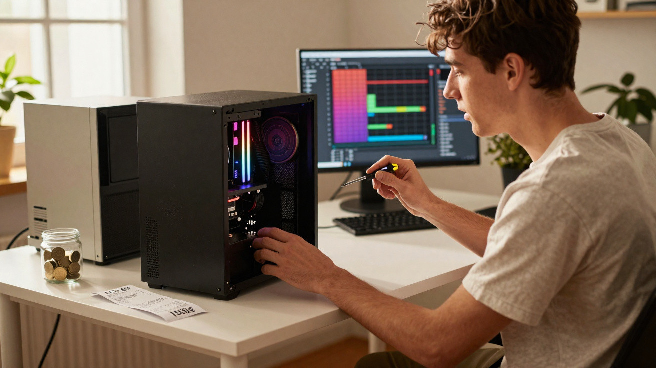 Junger Mann repariert PC-Gehäuse mit Schraubendreher vor Monitor mit bunter Software-Oberfläche.