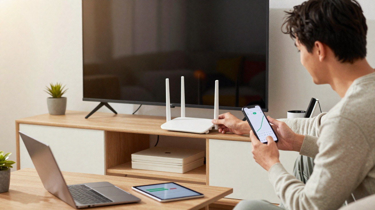 Mann überprüft WLAN-Router mit Smartphone, Laptop und Tablet auf Holztisch vor großem Fernseher im Wohnzimmer.
