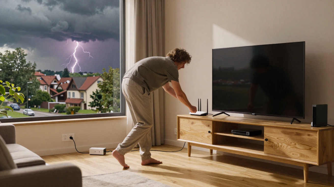 Mann schaltet Router an, während draußen ein Blitz in einem Gewitter über einem Wohngebiet einschlägt.
