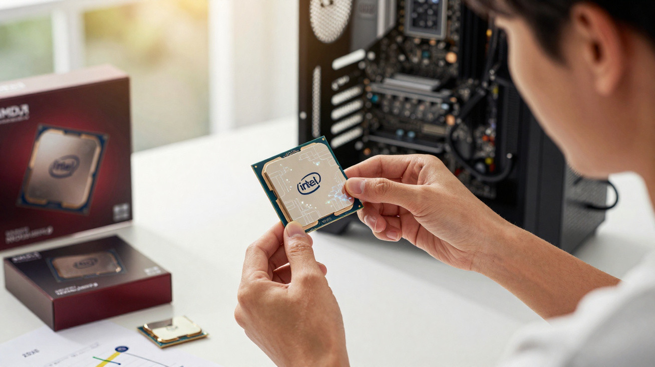 Person hält Intel-Prozessor vor einem geöffneten PC-Gehäuse und zwei Prozessorverpackungen auf dem Tisch.