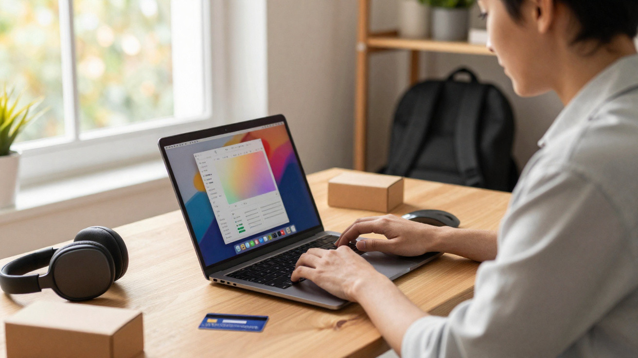 Person arbeitet am Laptop an Farbauswahl, Tisch mit Kopfhörern, Kreditkarte und Kartons im hellen Raum.