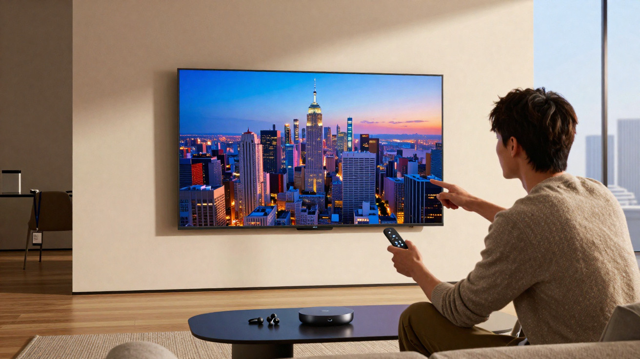 Mann sitzt auf Sofa und steuert großen Fernseher mit Skyline einer Stadt bei Sonnenuntergang mit Fernbedienung.