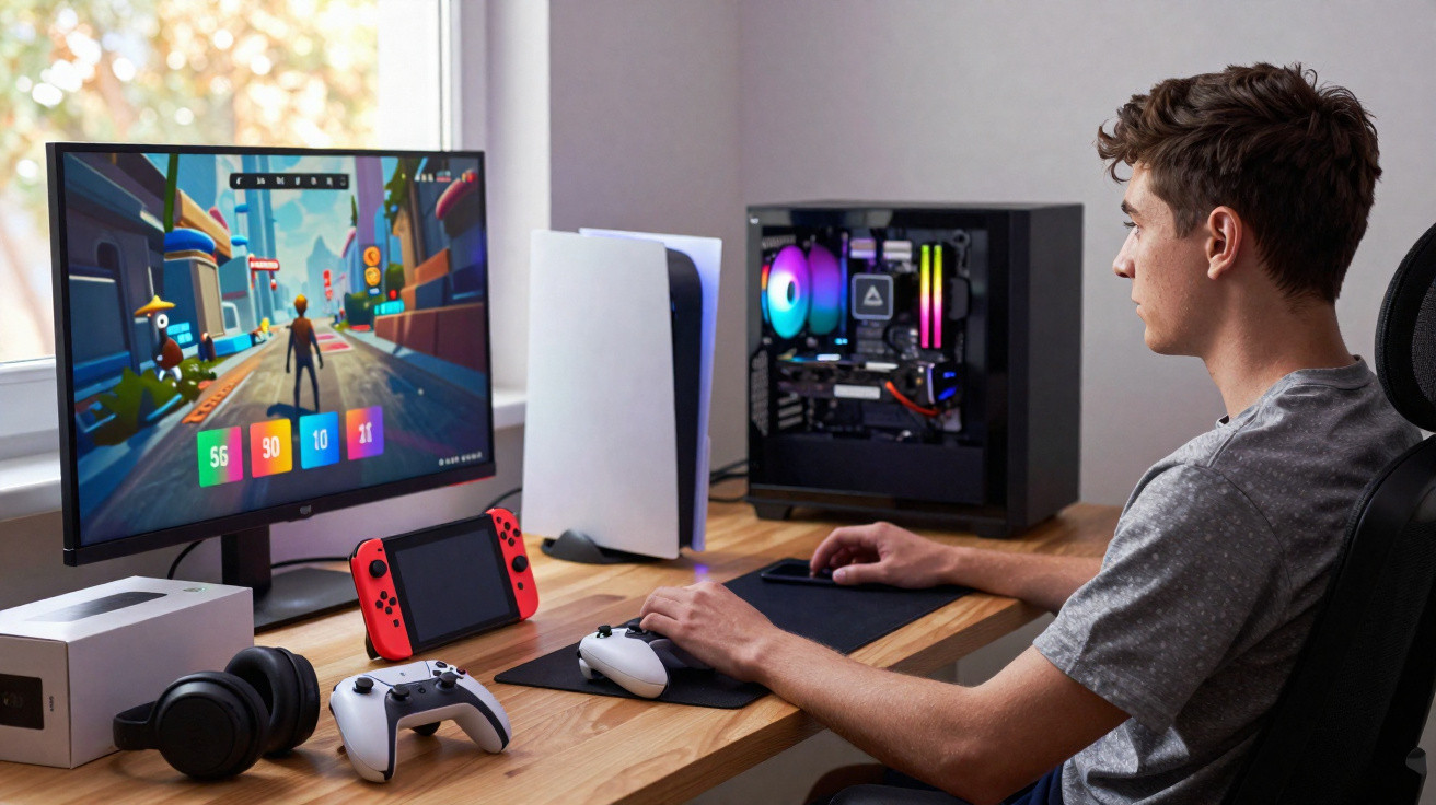 Junger Mann sitzt am Schreibtisch und spielt Videospiele auf PC mit Monitor und Spielkonsolen-Controllern.