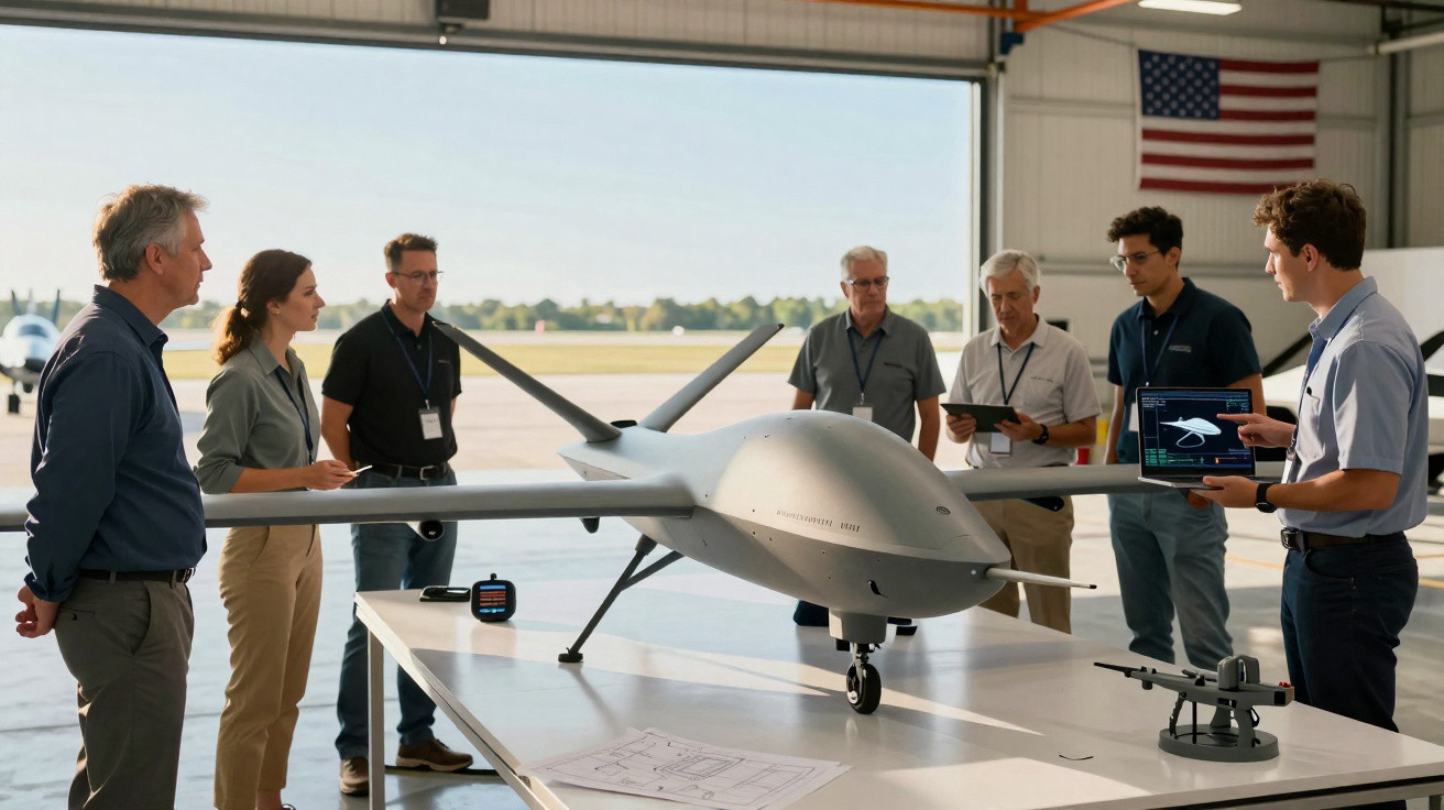 Ingenieure diskutieren Drohnenmodell und technische Daten in einem Hangar mit US-Flagge im Hintergrund.