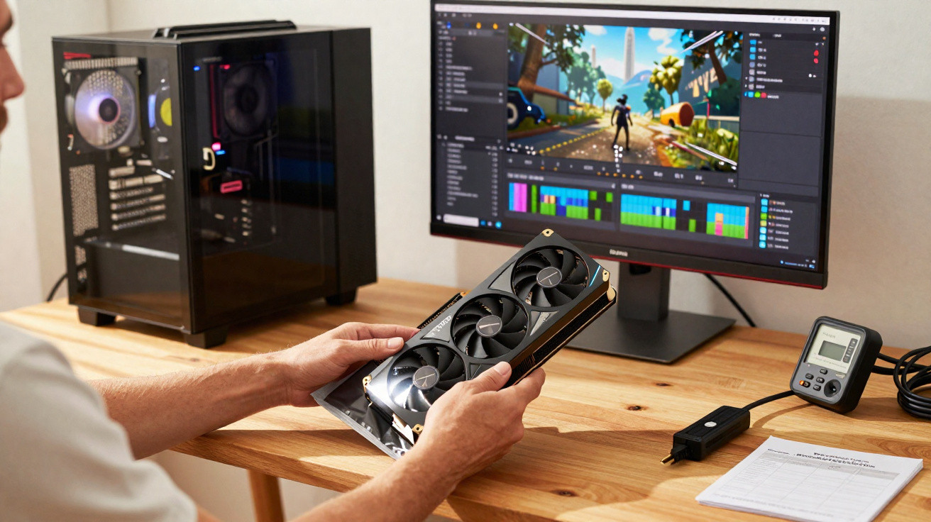 Person hält Grafikkarte vor einem PC, im Hintergrund Bildschirm mit 3D-Animationssoftware und PC-Gehäuse