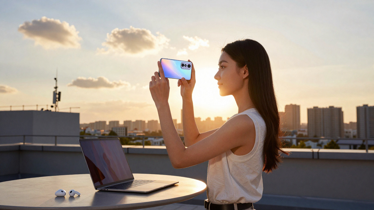 Frau macht Foto mit Smartphone auf Dachterrasse bei Sonnenuntergang, Laptop und Ohrhörer auf Tisch.