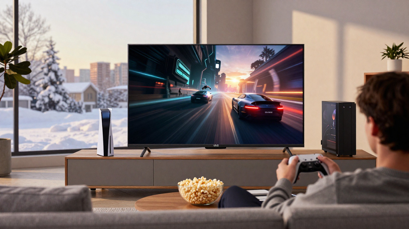 Person spielt Rennspiel auf großer TV-Leinwand in modernem Wohnzimmer mit Schneelandschaft draußen.