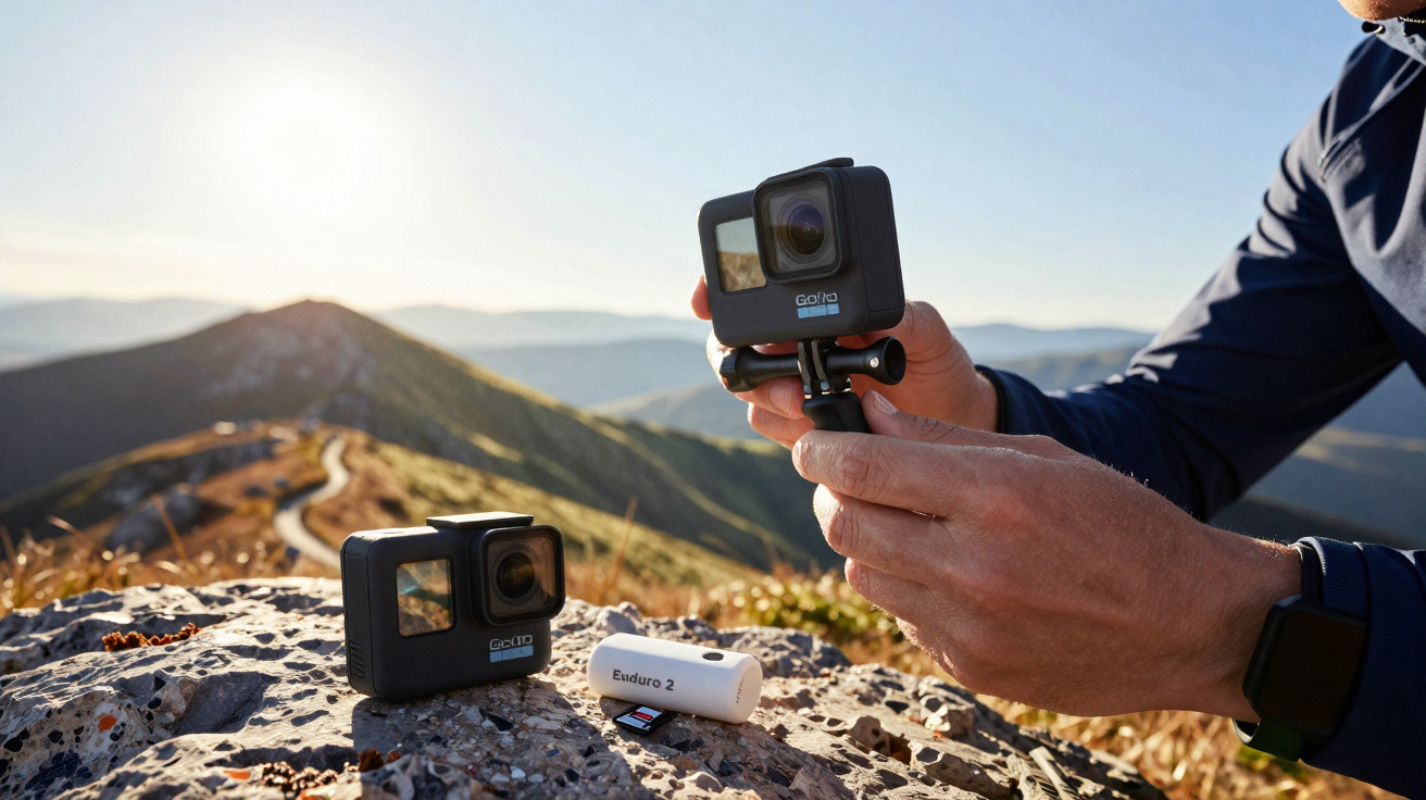 Person hält Action-Kamera, weitere Kamera und Zubehör liegen auf Felsen mit Berglandschaft im Hintergrund.
