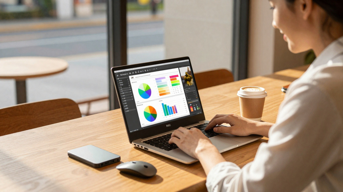 Person arbeitet an Laptop mit farbigen Diagrammen, daneben Smartphone, Maus und Kaffeebecher auf Holztisch.