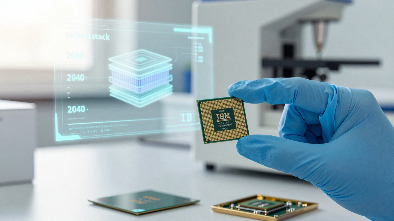 Hand mit blauem Handschuh hält IBM-Chip vor holografischer technischer Darstellung in Laborumgebung.