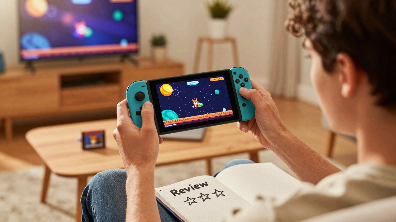 Person spielt Videospiel auf tragbarer Konsole, Fernseher und Notizbuch mit Sternebwertung im Hintergrund zu sehen.