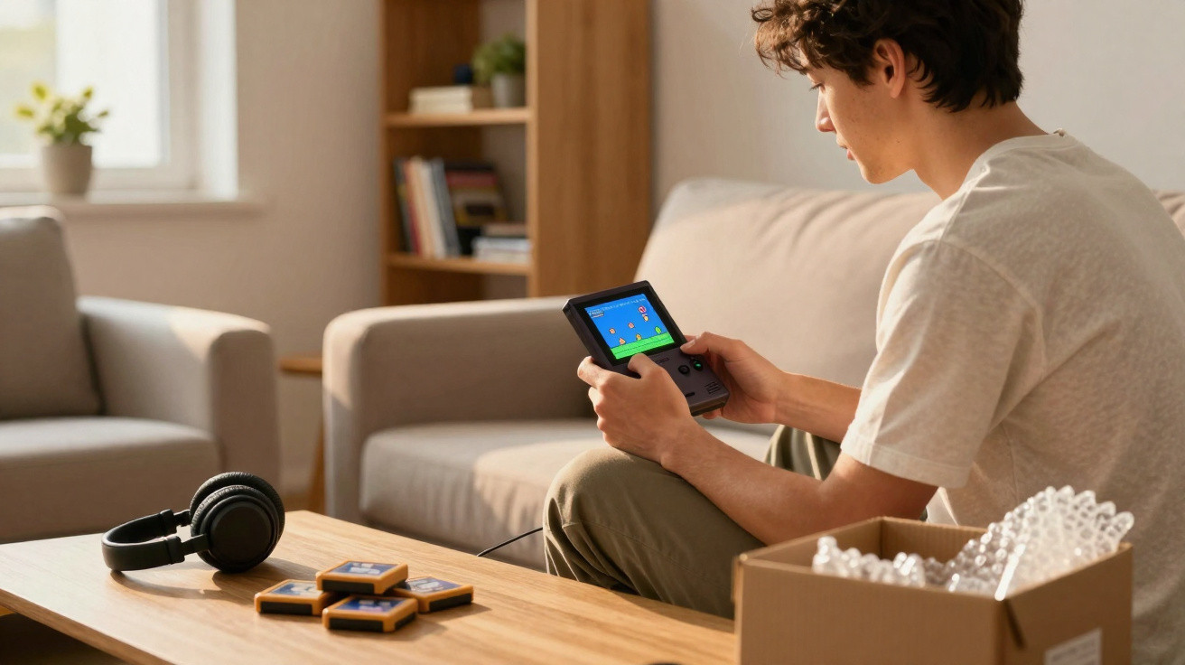 Junger Mann spielt mit einem Handheld-Videospielgerät auf dem Sofa in einem hellen Wohnzimmer.