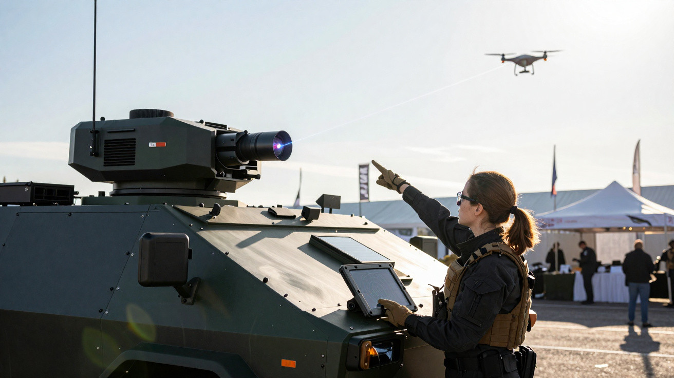Eine Frau in taktischer Ausrüstung steuert einen Roboterpanzer, während eine Drohne in der Luft fliegt.