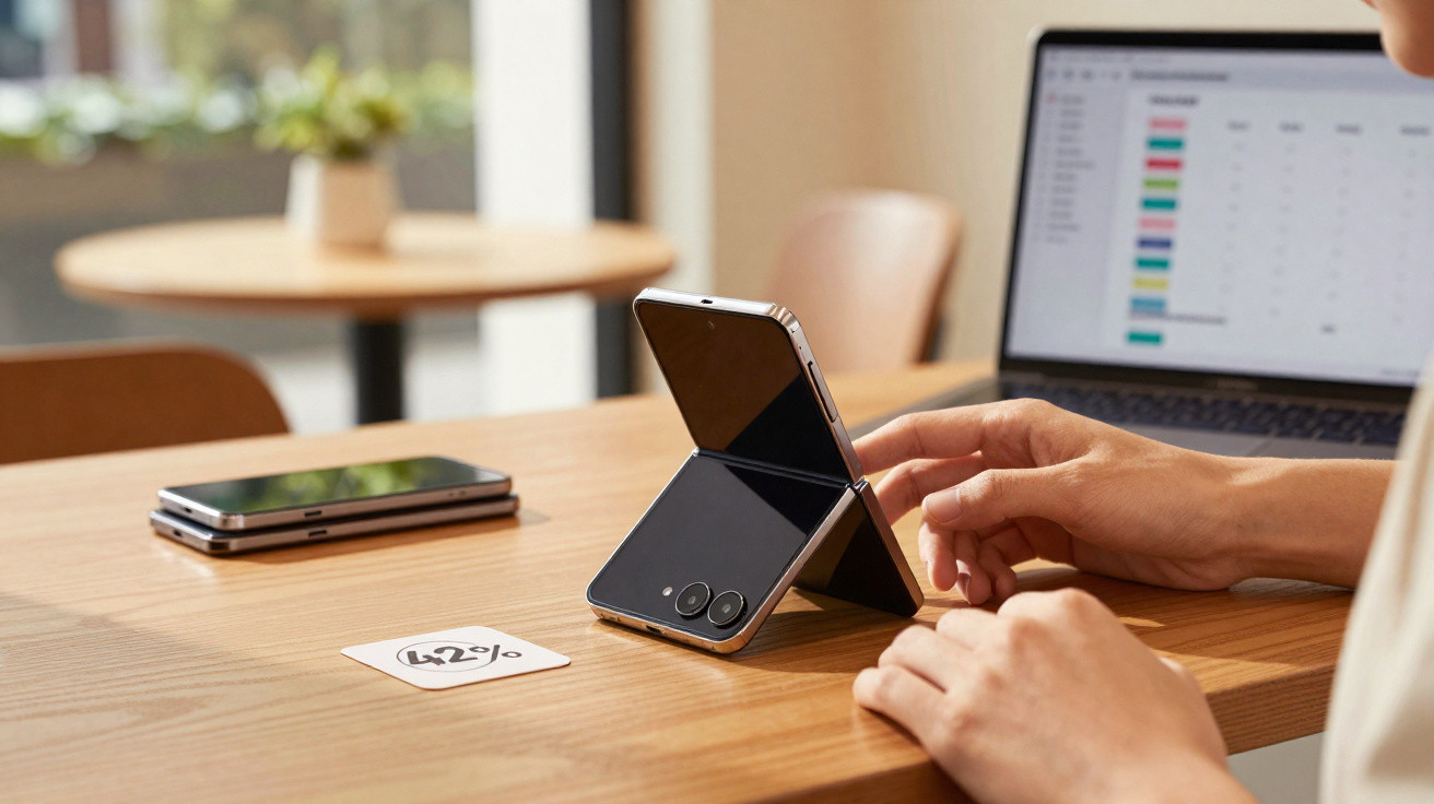 Person bedient ein aufgeklapptes Klapp-Smartphone neben einem Laptop auf Holztisch im Büro.