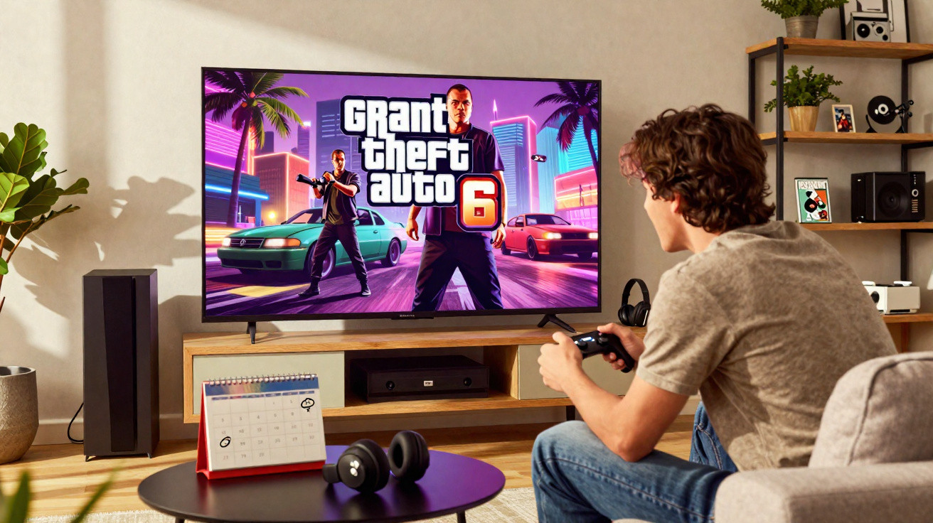 Junger Mann spielt mit Controller das Videospiel "Grand Theft Auto 6" auf großem Fernseher im Wohnzimmer.