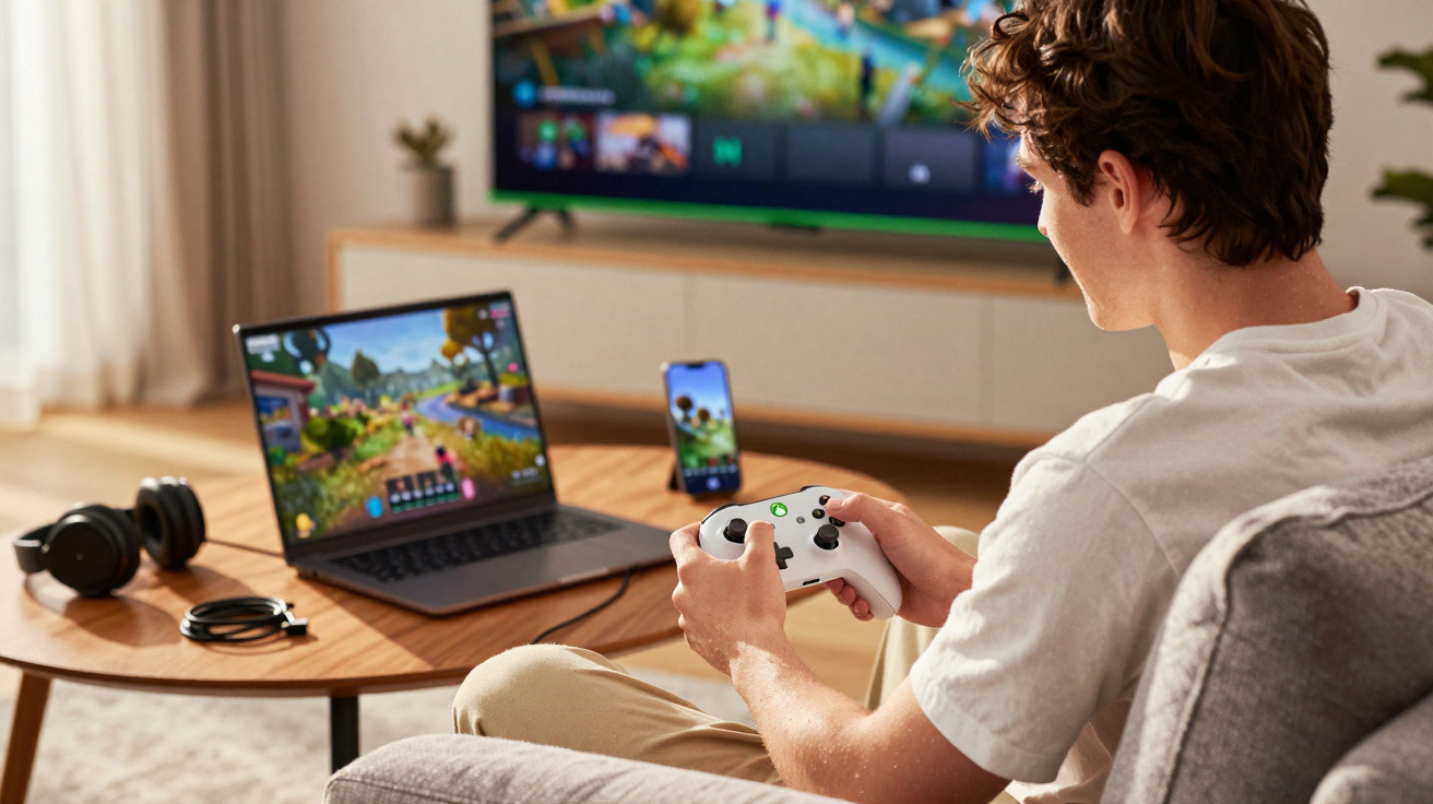 Mann spielt Videospiel mit Controller auf Couch, Laptop und Fernseher zeigen dasselbe Spiel im Wohnzimmer