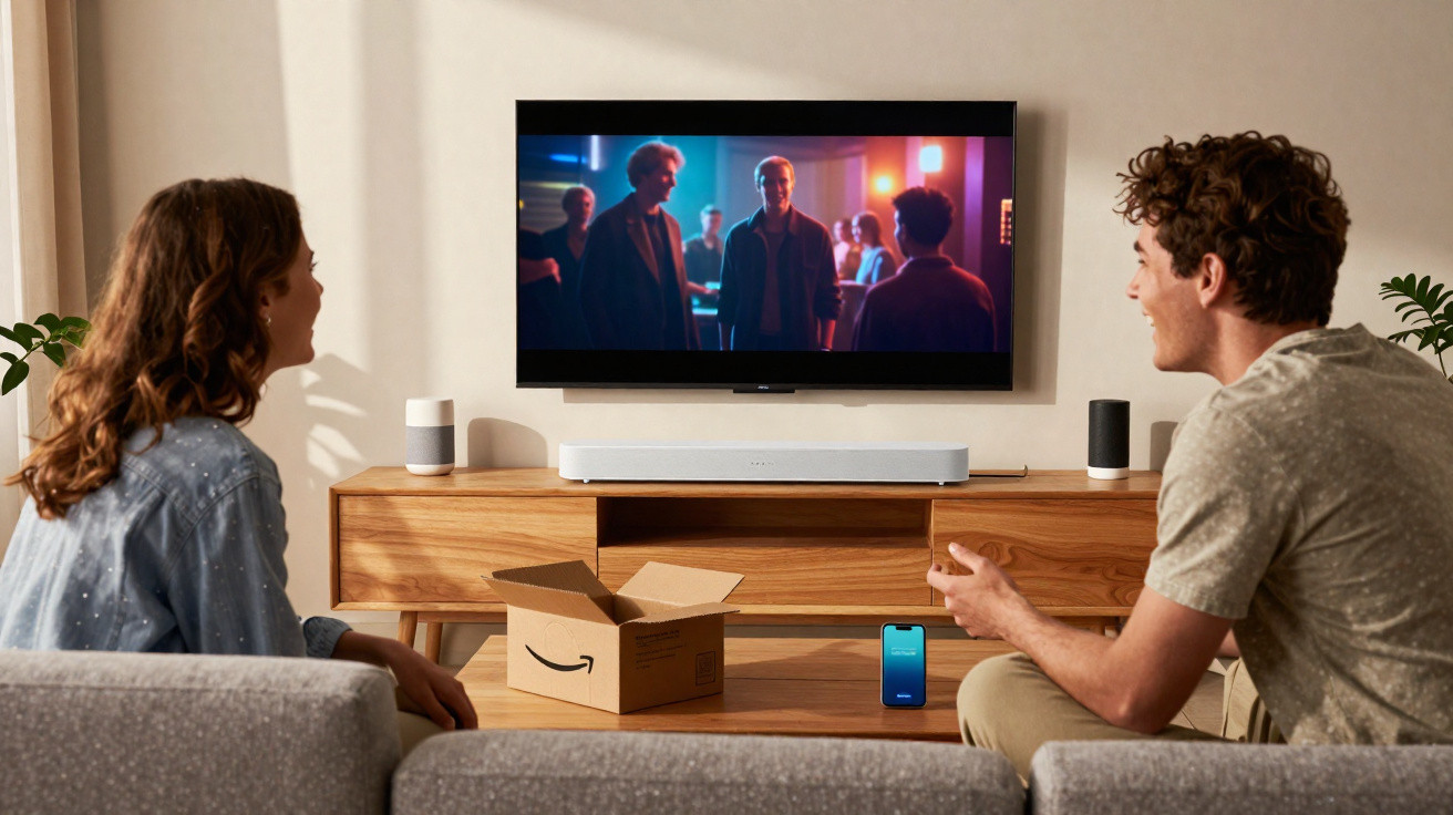 Zwei Personen sehen auf einem Sofa sitzend Fernsehen mit Amazon-Paket und Smartphone auf dem Tisch.