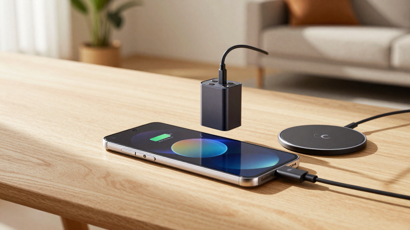 Smartphone liegt auf Holztisch und wird per Kabel und kabelloser Ladestation aufgeladen.