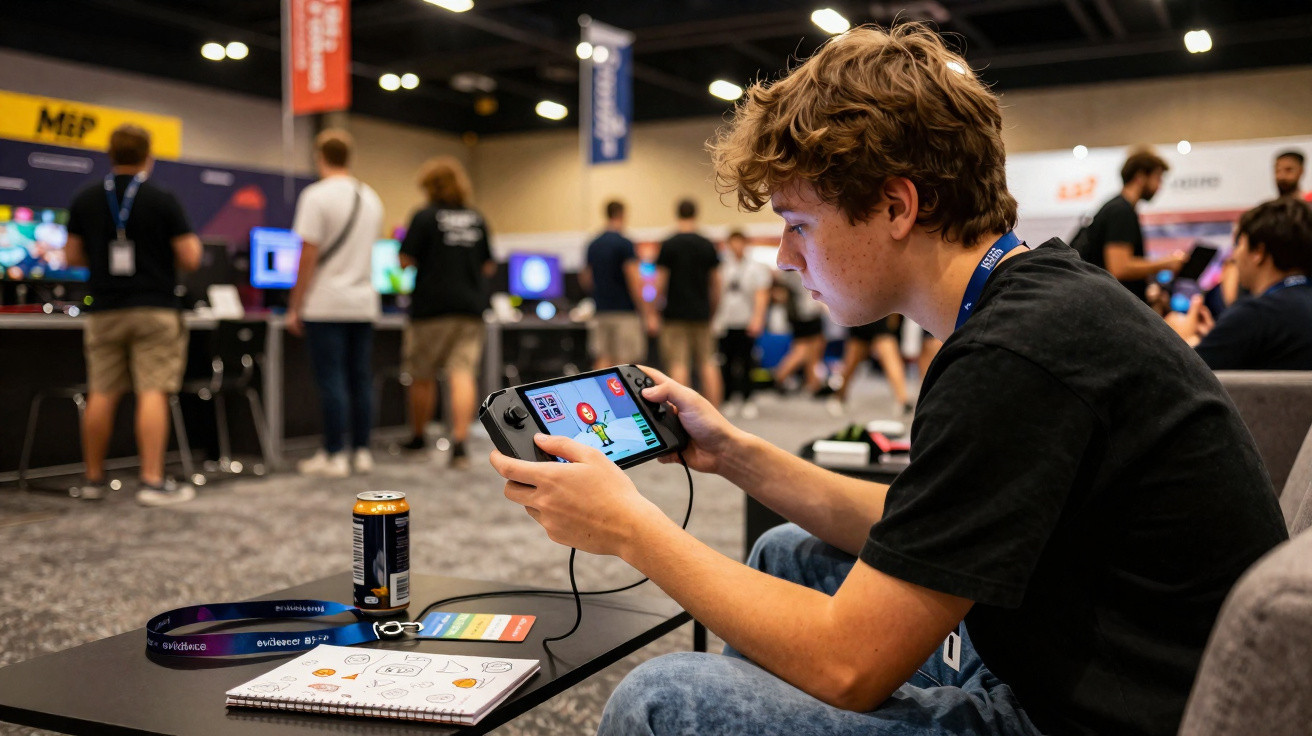 Junger Mann spielt Videospiel auf tragbarer Konsole in einer belebten Messehalle mit anderen Besuchern.