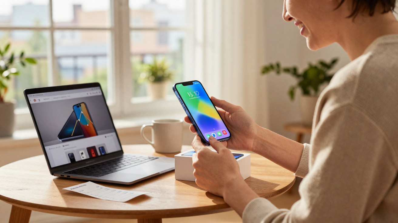 Frau sitzt am Tisch, hält Smartphone und schaut auf Bildschirm, Laptop mit Smartphone-Bild im Hintergrund.