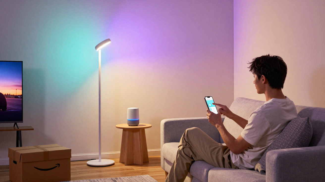 Mann sitzt auf Sofa und steuert smarte Lampe per Smartphone in modernem Wohnzimmer mit Alexa-Gerät.