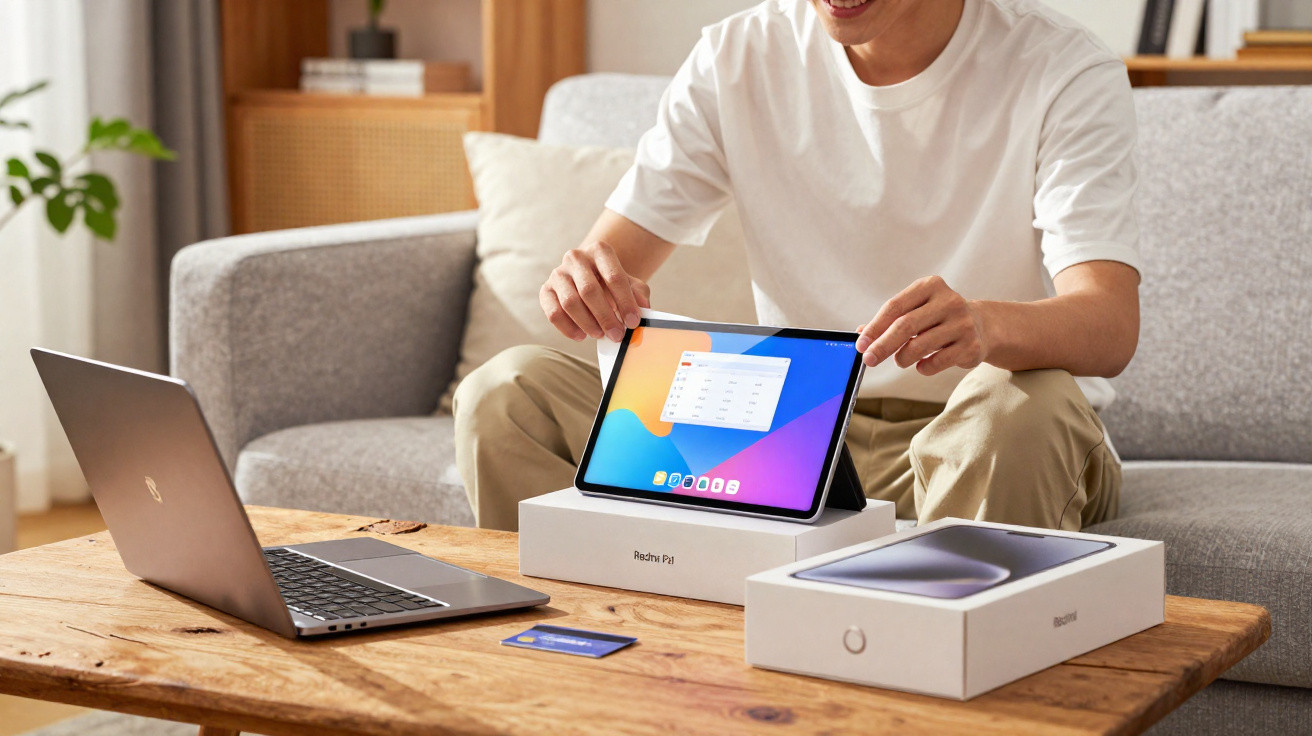 Person sitzt auf Sofa und richtet ein Tablet auf einem Holztisch neben Laptop und Verpackungen ein.