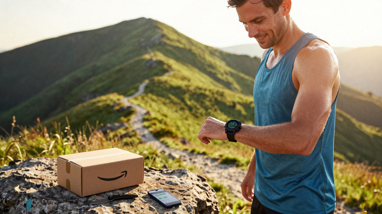 Mann beim Wandern überprüft Smartwatch, daneben Päckchen mit Amazon-Logo und Smartphone auf Felsen in den Bergen.