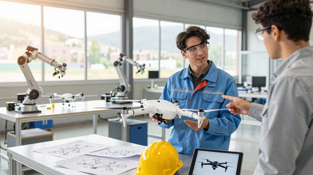 Zwei junge Ingenieure besprechen Drohnenmodell in Werkstatt mit technischen Zeichnungen und Robotarmen im Hintergrund.