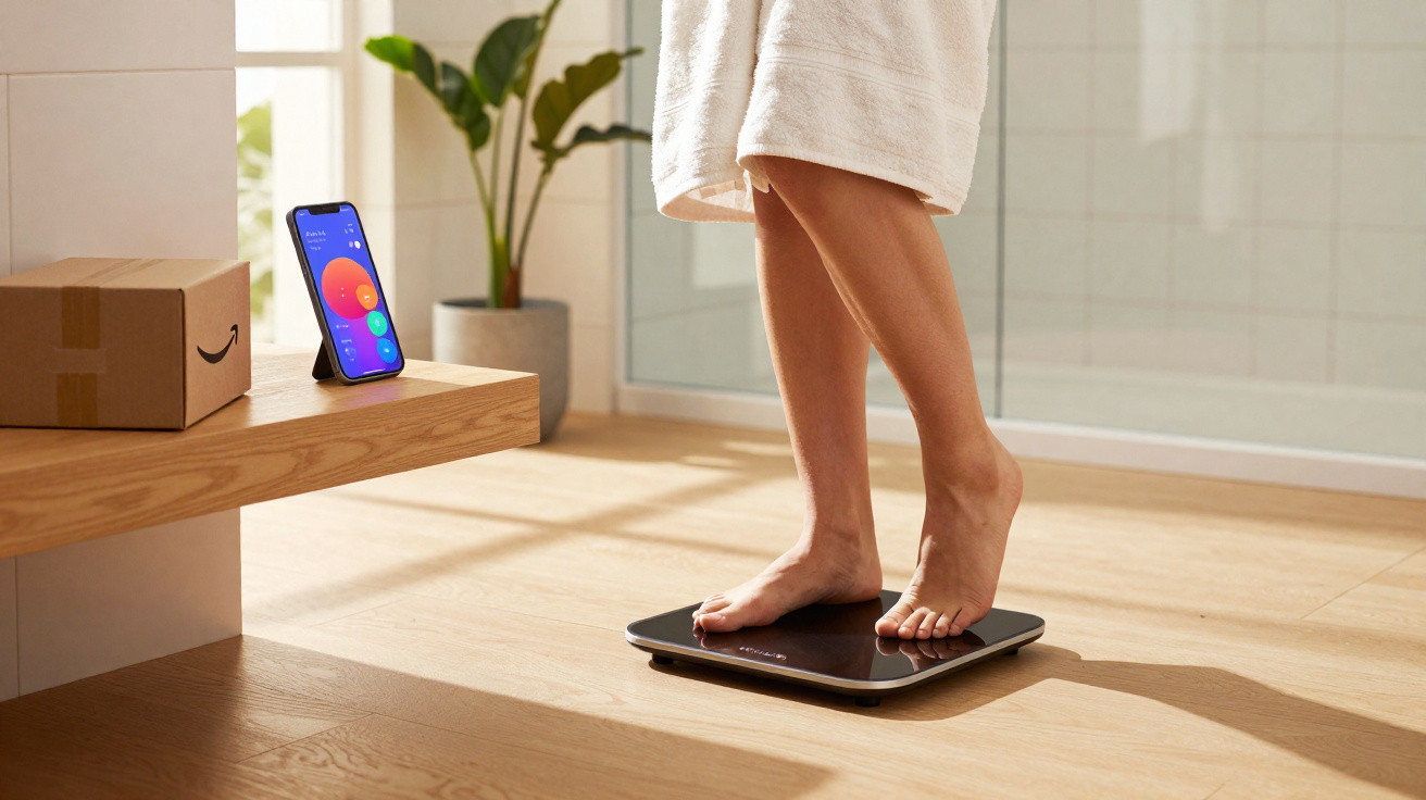 Frau steht auf moderner digitaler Waage im Badezimmer, Smartphone zeigt Gesundheits-App auf Tisch.