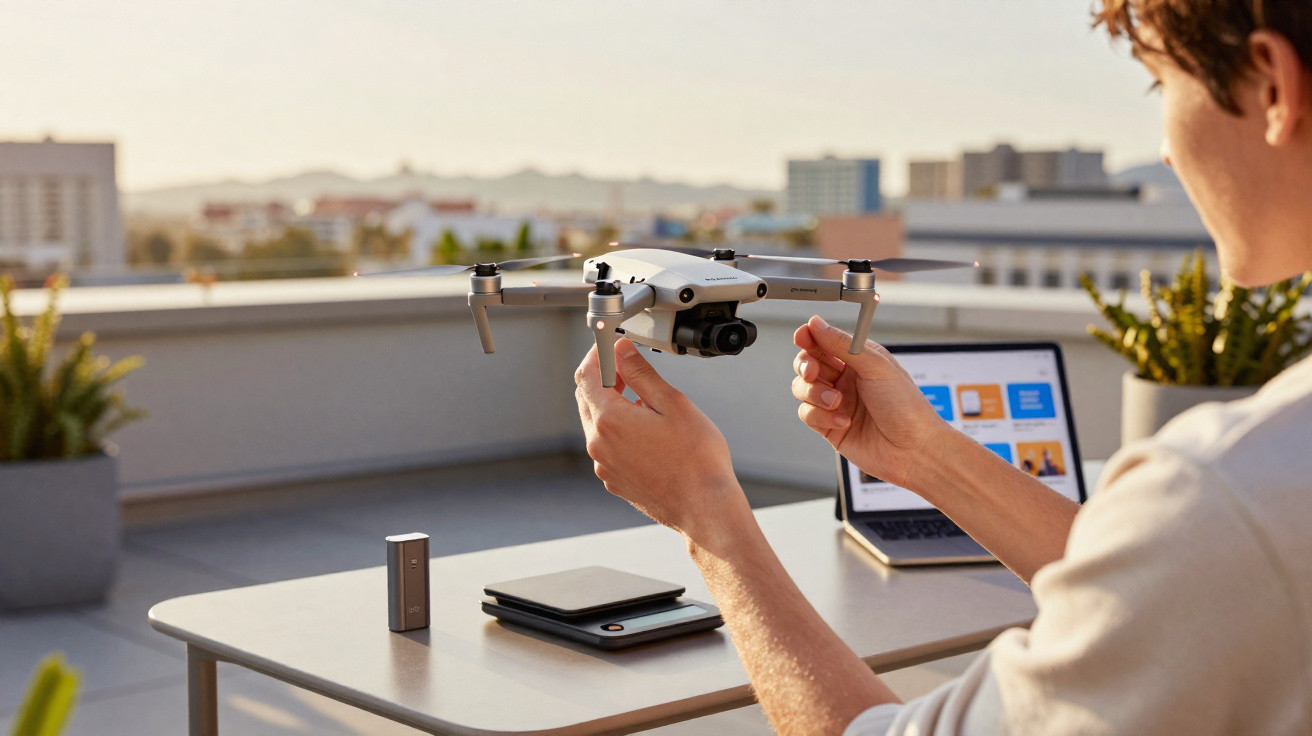 Mann hält Drohne über Tisch mit Laptop und Gadgets auf sonniger Dachterrasse in der Stadt.
