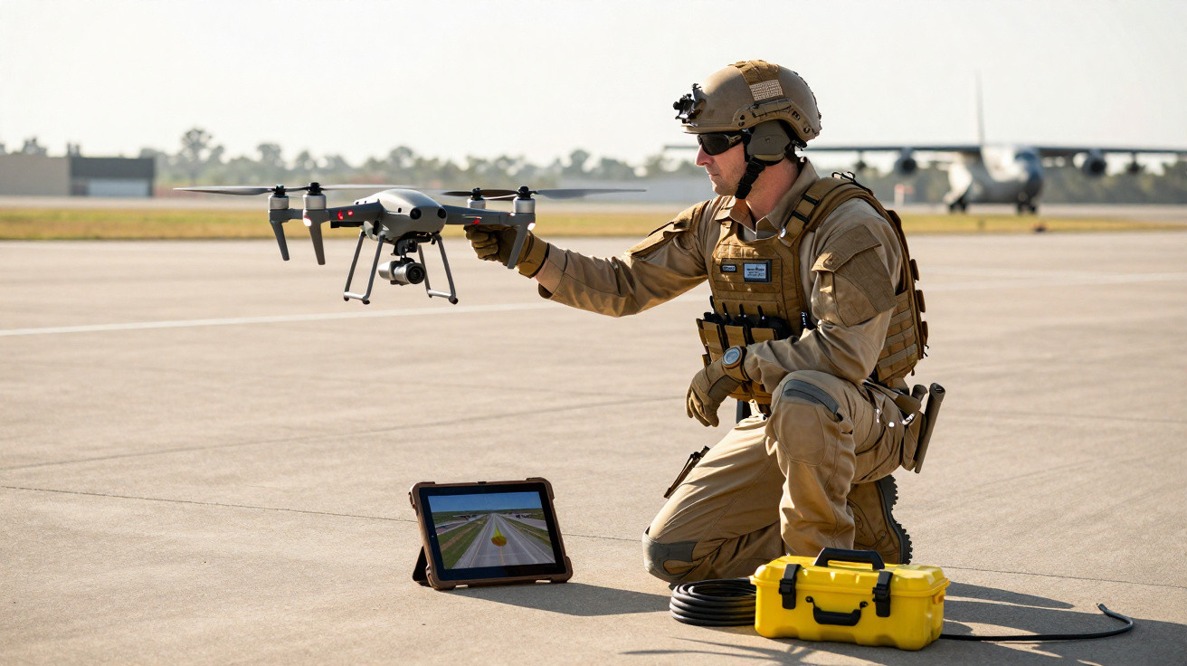 Soldat in Uniform startet Drohne auf einem Flugfeld neben Tablet und gelbem Koffer.
