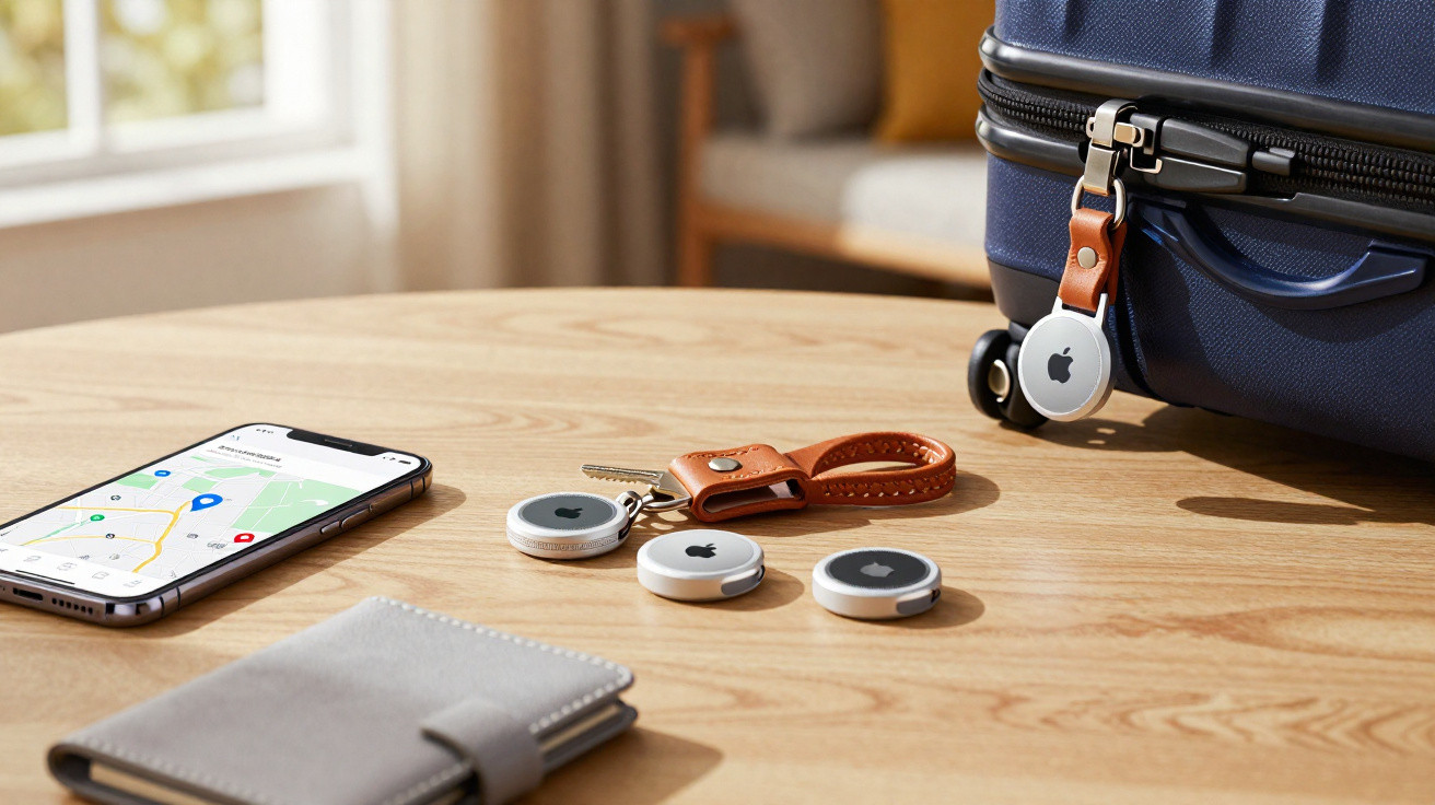 Smartphone mit Karten-App, Apple AirTags auf Holztisch neben Schlüsselanhänger und Rollkoffer mit AirTag.